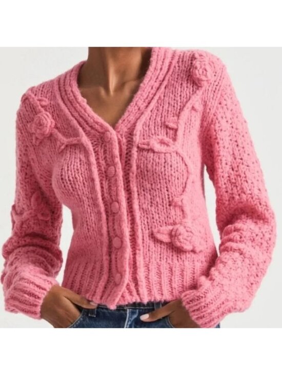 LoveShackFancy Sweaters - LoveShackFancy Fabietto Alpaca Cardigan Large Pink Cropped Floral